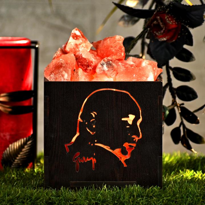 Guru Ji Face Himalayan Rock Salt Wooden Basket Lamp | Blessings & Peace