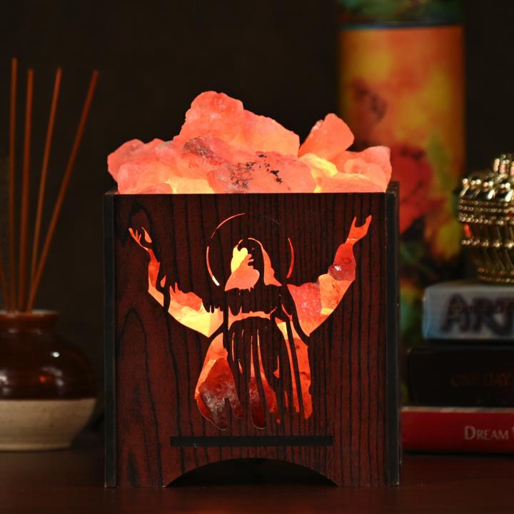 Jesus Himalayan Rock Salt Wooden Basket Lamp | Faith & Compassion