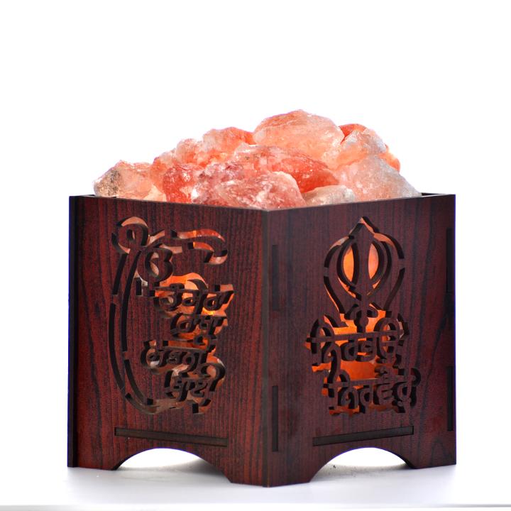Nirbhau Nirvair Himalayan Rock Salt Wooden Basket Lamp | Gratitude & Peace