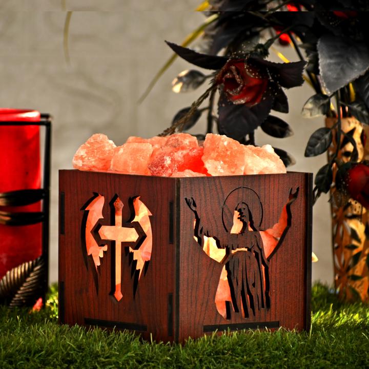 Jesus Angel Himalayan Rock Salt Wooden Basket Lamp | Love & Protection