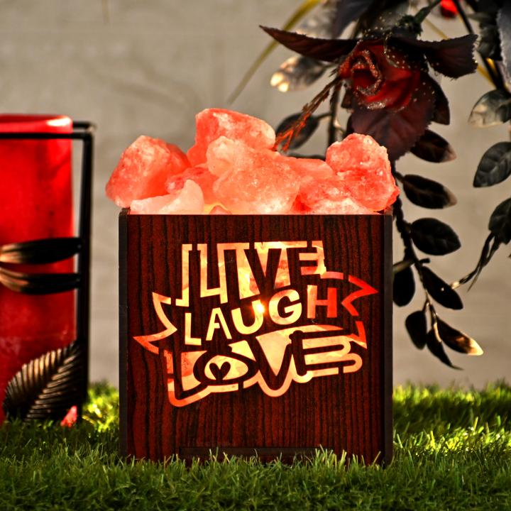 Live Laugh Himalayan Rock Salt Wooden Basket Lamp | Love & Spirituality